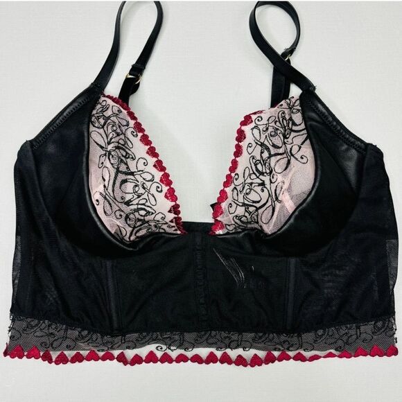 Victoria Secret Bra Longline Vegan Leather & Lace Love Embroidered Underwire 36C - Picture 3 of 6